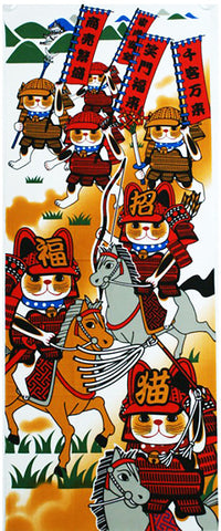 Lucky Cat  福まねき猫 - Battle  合戦（かっせん）(kassen) - Japanese Tradition Cotton Towel (The dyed Tenugui) - 34cm x 90cm