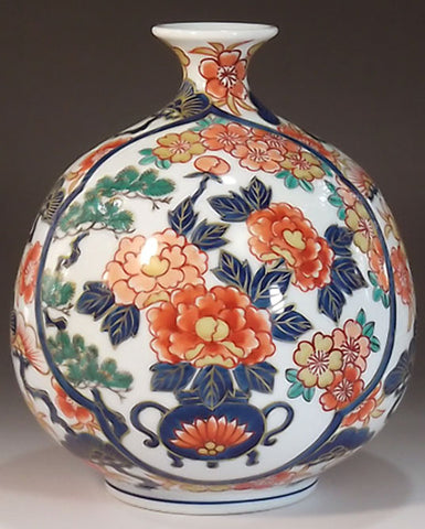 Fujii Kinsai Arita Japan - Reproduced Koimari Somenishiki Kinsai Hanakagozu Vase 17.50 cm   倣・古伊万里染錦金彩花籠図飾り花瓶 - Free Shipping