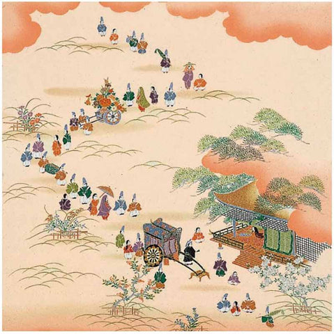 Chirimen Sansaku Furoshiki 100% silk  - Jidai Matsuri (Festival of Ages) 時代祭り - Furoshiki (Japanese Wrapping Cloth)　68 x 68 cm 正絹さざ波ちりめん友仙ふろしき　