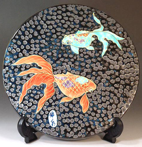 Fujii Kinsai Arita Japan - Tetsuyu Kinsai Goldfish ceramic plate picture #4 鉄釉金彩金魚絵陶板画  20.00 cm X 20.00 cm - Free Shipping