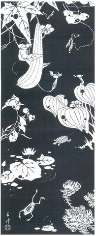 Ukiyo-e Tenugui -  Itō Jakuchū    Genpō Yōka   Dark gray   伊藤若冲　玄圃瑤華 - (Japanese Tenugui)