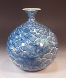 Fujii Kinsai Arita Japan - Somenishiki  Seigaiha  Oshidori  Botan (Mandarin duck &  peony ) vase 25.50 cm - Free Shipping