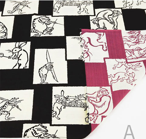 Choju Giga 鳥獣戯画 - Ichimatsu/Black x Pink A   市松／黒×ピンクＡ  - Double-sided furoshiki (wrapping cloth) - Furoshiki (Japanese Wrapping Cloth)　105 x 105 cm 　　