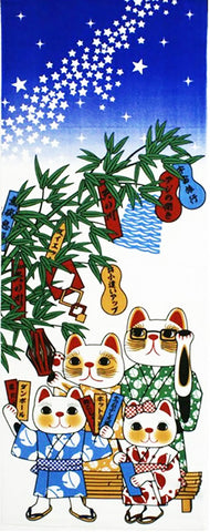 Lucky Cat  福まねき猫 - Tanabata  七夕 - Japanese Tradition Cotton Towel (The dyed Tenugui) - 34cm x 90cm