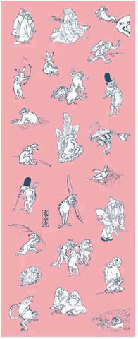 Ukiyo-e Tenugui -  Chojyugiga   Pink   鳥獣人物戯画  - (Japanese Tenugui)