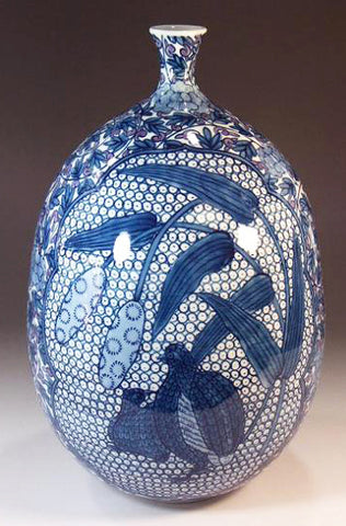 Fujii Kinsai Arita Japan - Sometsuke karakusa wari Uzura (Quail) & suzume (Sparrow) Vase 27.50 cm  - Free Shipping