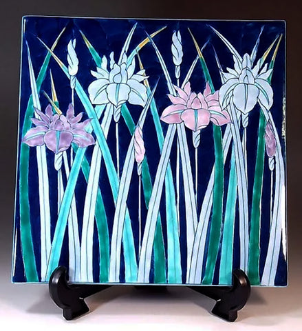 Fujii Kinsai Arita Japan - Somenishiki  Painting of Irises ceramic plate picture   20.00 cm X 20.00 cm  　染錦菖蒲絵陶板画  - Free Shipping
