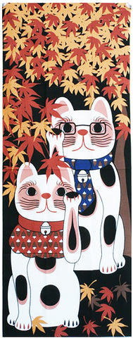 Lucky Cat  福まねき猫 - Viewing autumn leaves  紅葉狩り (Momijigari) - Japanese Tradition Cotton Towel (The dyed Tenugui) - 34cm x 90cm
