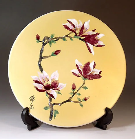 Fujii Kinsai Arita Japan -  Somenishiki kinsai Ceramic plaque painting of a magnolia 染錦金彩木蓮絵陶板画  - Free Shipping