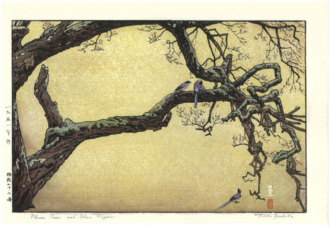 Yoshida Toshi - #015106 Jyuzu kake no Ume (Plum tree ＆ Blue Magpie)   吉田遠志 木版画  015106 数珠かけの梅 Plum tree ＆ Blue Magpie  - Free Shipping