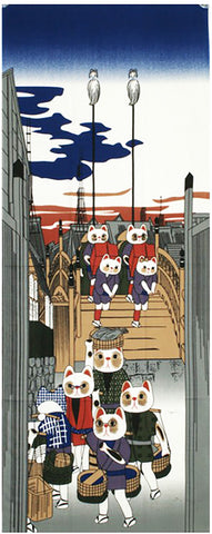 Lucky Cat  福まねき猫 - Nihonbashi  日本橋 - Japanese Tradition Cotton Towel (The dyed Tenugui) - 34cm x 90cm