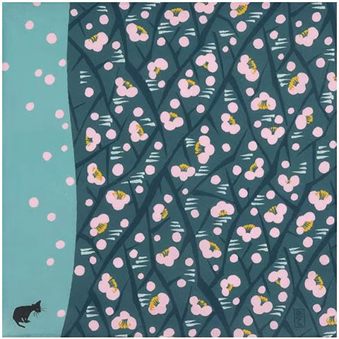 Takehisa Yumeji -Plum and cat 　Blue　うめとねこ ブルー　 21180-109　- Furoshiki 48 x 48 cm