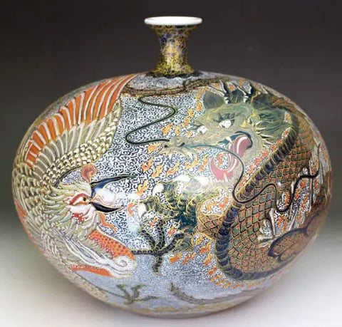 Fujii Kinsai Arita Japan - Yurisai Kinran Phonex & Rise Dragon vase 26.20 cm (Superlative Collection) 　金襴手様式釉裏彩龍鳳凰絵花瓶　- Free Shipping