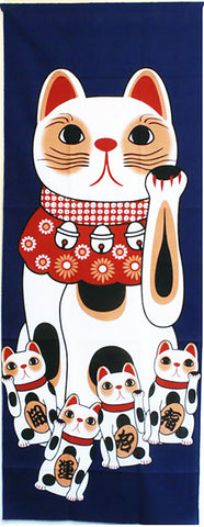Lucky Cat  福まねき猫 - Beckoning cat (Navy) 招き猫（紺）(Manekineko navy) - Japanese Tradition Cotton Towel (The dyed Tenugui) - 34cm x 90cm