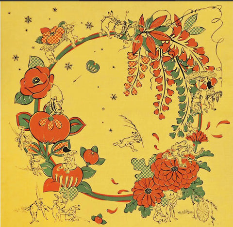 Choju Giga 鳥獣戯画 -  Kishōhanagoyomi  吉祥花暦  - Furoshiki (Japanese Wrapping Cloth)　50 x 50 cm 　