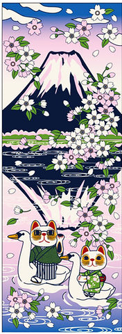 Lucky Cat  福まねき猫 - Inverted Mount Fuji  逆さ富士 (Sakasa Fuji) - Japanese Traditional Cotton Towel (The dyed Tenugui) - 34cm x 90cm