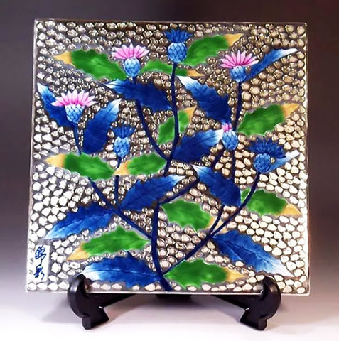 Fujii Kinsai Arita Japan - Somenishiki  Platinum  Painting of Thistle ceramic plate picture   20.00 cm X 20.00 cm  鉄釉金彩・プラチナ彩鳳凰絵陶板画 - Free Shipping