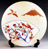Fujii Kinsai Arita Japan - Kinsai Fan-shaped painting of Mount Fuji and plum blossoms with a sparrows  Ornamental plate 26.50 cm  金彩富士山梅雀扇窓絵飾り大皿（径26.5ｃｍ）   - Free Shipping