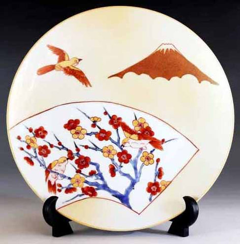 Fujii Kinsai Arita Japan - Kinsai Fan-shaped painting of Mount Fuji and plum blossoms with a sparrows  Ornamental plate 26.50 cm  金彩富士山梅雀扇窓絵飾り大皿（径26.5ｃｍ）   - Free Shipping
