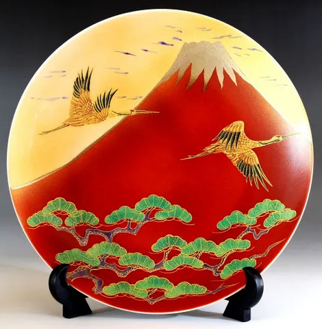 Fujii Kinsai Arita Japan - Shinshayu Kinsai Mt. Fuji ,Crain, Pine Ornamental plate 26.50 cm ➁   辰砂釉金彩赤富士山鶴松絵飾り大皿（径26.5ｃｍ）➁    - Free Shipping