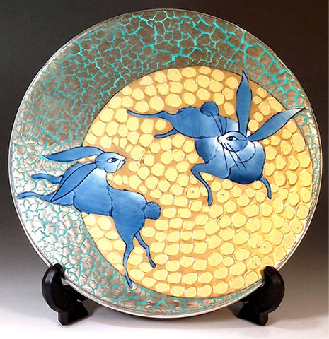 Fujii Kinsai Arita Japan -  Somenishiki Golden & Platinum  Full Moon Rabbit  Ceramic panel painting  #3    黄金・プラチナ彩満月兎絵陶板画  - Free Shipping