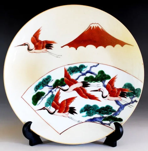 Fujii Kinsai Arita Japan - Kinsai  Fan-shaped panel painting of Mount Fuji Pine and Cranes   Ornamental plate 26.50 cm   金彩富士山松鶴扇窓絵飾り大皿（径26.5ｃｍ） - Free Shipping