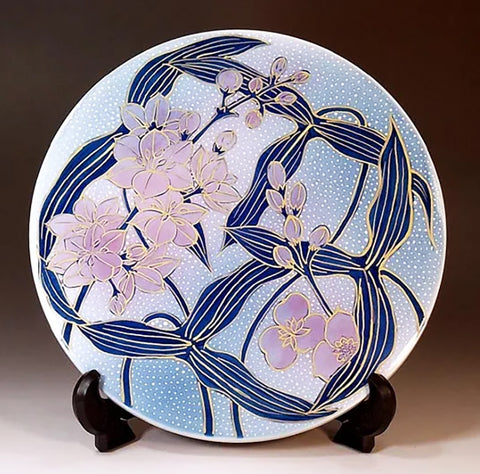 Fujii Kinsai Arita Japan - Yuriko kinsai   Water flower plant  ceramic plate picture   20.00 cm X 20.00 cm 釉裏紅金彩水花草絵陶板画  - Free Shipping