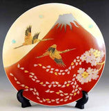 Fujii Kinsai Arita Japan - Shinshayu Kinsai Mt. Fuji ,Crain, Sakura Ornamental plate 26.50 cm  ⓶  辰砂釉金彩赤富士山鶴桜絵飾り大皿（径26.5ｃｍ）➁- Free Shipping