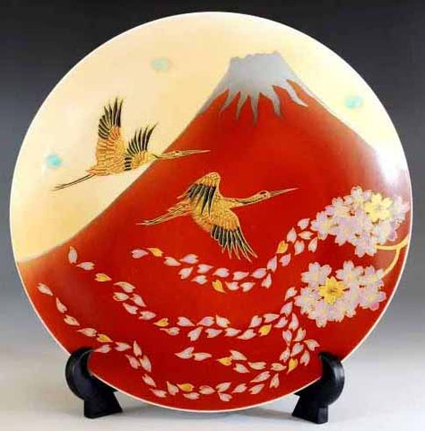 Fujii Kinsai Arita Japan - Shinshayu Kinsai Mt. Fuji ,Crain, Sakura Ornamental plate 26.50 cm  ⓶  辰砂釉金彩赤富士山鶴桜絵飾り大皿（径26.5ｃｍ）➁- Free Shipping