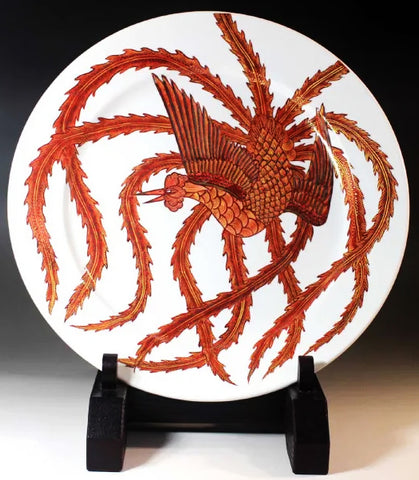 Fujii Kinsai Arita Japan - Akae Kinsai a painting of a phoenix Ornamental plate 36.10 cm  赤絵金彩鳳凰絵飾り大皿（径36.1ｃｍ）  - Free Shipping