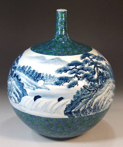 Fujii Kinsai Arita Japan - Somenishiki karakusawari sansuiga Vase 25.40 cm - Free Shipping