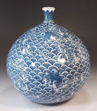 Fujii Kinsai Arita Japan - Sometsuke Seigaiha Tai e Vase  24.50 cm - Free Shipping