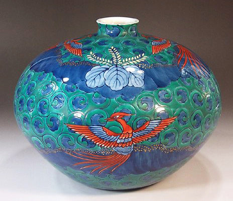 Fujii Kinsai Arita Japan - Somenishiki Phoenix Karakusa Kiri Vase 19.70 cm - Free Shipping