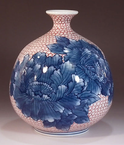 Fujii Kinsai Arita Japan - Somenishiki Maru Monyou Peony Vase 17.50 cm 染錦丸文様牡丹絵飾り花瓶  - Free Shipping
