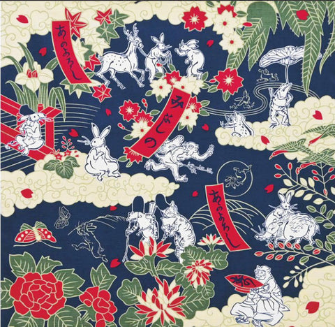 Choju Giga 鳥獣戯画 - Hana Yugi   花遊戯  - Furoshiki (Japanese Wrapping Cloth)　50 x 50 cm 　　
