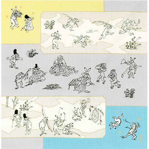 Cho Jyu Jinbutsu Giga Emaki (Choju Jinbutsu Giga Picture Scroll)  鳥獣人物戯画 絵巻 ブルー イエロー  20832-102 - Furoshiki 50 x 50 cm