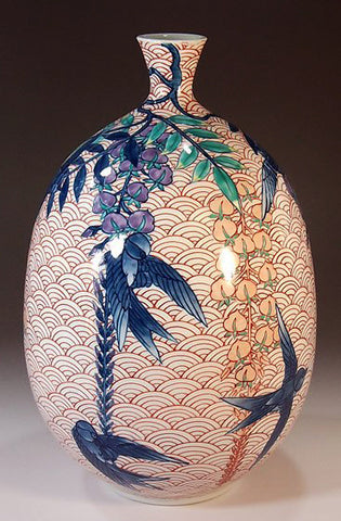 Fujii Kinsai Arita Japan - Somenishiki Seigaiha swallow and wisteria Vase  27.50 cm - Free Shipping