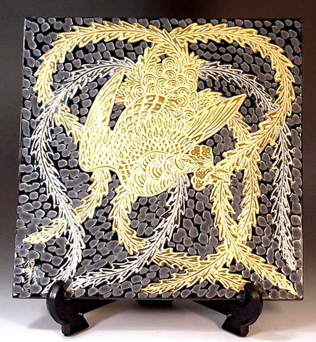 Fujii Kinsai Arita Japan - Tetsuyu kinsai  Golden & Platinum  Painting of a phoenix ceramic plate picture   20.00 cm X 20.00 cm  鉄釉金彩・プラチナ彩鳳凰絵陶板画 - Free Shipping