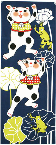 Lucky Cat  福まねき猫 - Amagaeru 雨蛙  - Japanese Tradition Cotton Towel (The dyed Tenugui) - 34cm x 90cm