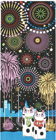 Lucky Cat  福まねき猫 - Firework 花火 (Hanabi) - Japanese Tradition Cotton Towel (The dyed Tenugui) - 34cm x 90cm