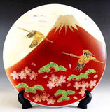 Fujii Kinsai Arita Japan - Shinshayu Kinsai Mt. Fuji ,Crain, Sakura and Pine Ornamental plate 26.50 cm   辰砂釉金彩赤富士山鶴松桜絵飾り大皿（径26.5ｃｍ）  - Free Shipping