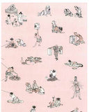 Ukiyo-e Tenugui - Katsushika Hokusai  100 characters  Pink   葛飾北斎  人物百態  - (Japanese Tenugui)