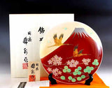 Fujii Kinsai Arita Japan - Shinshayu Kinsai Mt. Fuji ,Crain, Sakura and Pine Ornamental plate 26.50 cm ⓶  辰砂釉金彩赤富士山鶴松桜絵飾り大皿（径26.5ｃｍ）⓶  - Free Shipping