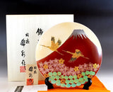 Fujii Kinsai Arita Japan - Shinshayu Kinsai Mt. Fuji ,Crain, Sakura and Pine Ornamental plate 26.50 cm ⓷  辰砂釉金彩赤富士山鶴松桜絵飾り大皿（径26.5ｃｍ）⓷  - Free Shipping