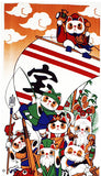 Lucky Cat  福まねき猫 - Seven Lucky Cats   七福猫 (Shichifuku Neko) - Japanese Tradition Cotton Towel (The dyed Tenugui) - 34cm x 90cm