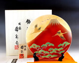 Fujii Kinsai Arita Japan - Shinshayu Kinsai Mt. Fuji ,Crain, Pine Ornamental plate 26.50 cm ➁   辰砂釉金彩赤富士山鶴松絵飾り大皿（径26.5ｃｍ）➁    - Free Shipping