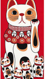 Lucky Cat  福まねき猫 - Maneki-neko (red)　招き猫（赤） - Japanese Traditional Cotton Towel (The dyed Tenugui) - 34cm x 90cm