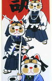 Lucky Cat  福まねき猫 - Samurai  サムライ - Japanese Traditional Cotton Towel (The dyed Tenugui) - 34cm x 90cm