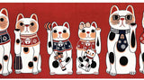 Lucky Cat  福まねき猫 - The whole family  かぞくそろって - Japanese Traditional Cotton Towel (The dyed Tenugui) - 34cm x 90cm