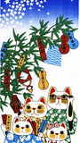 Lucky Cat  福まねき猫 - Tanabata  七夕 - Japanese Tradition Cotton Towel (The dyed Tenugui) - 34cm x 90cm